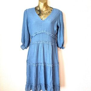 Milkarose Light Blue Ruffle Boho Dress Tiered Causal Cotton Look Size S